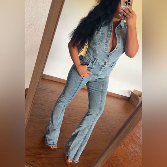 Women's Light Blue Denim jumpsuit - Picture 3 of 7
